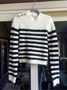 Zara Cream & Navy Striped Shoulder-Button Crew Sweater